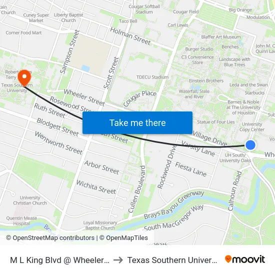 M L King Blvd @ Wheeler St to Texas Southern University map