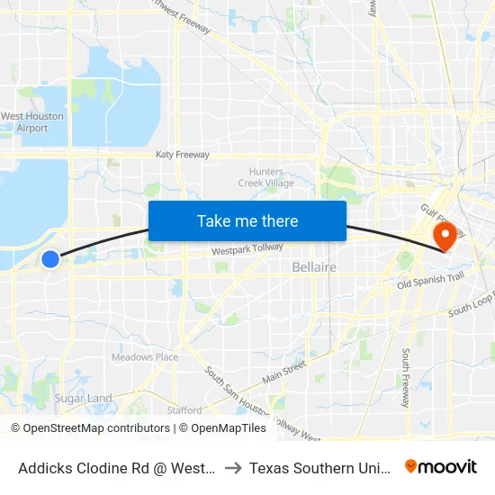 Addicks Clodine Rd @ Westpark Dr to Texas Southern University map