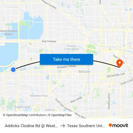 Addicks Clodine Rd @ Westpark Dr to Texas Southern University map