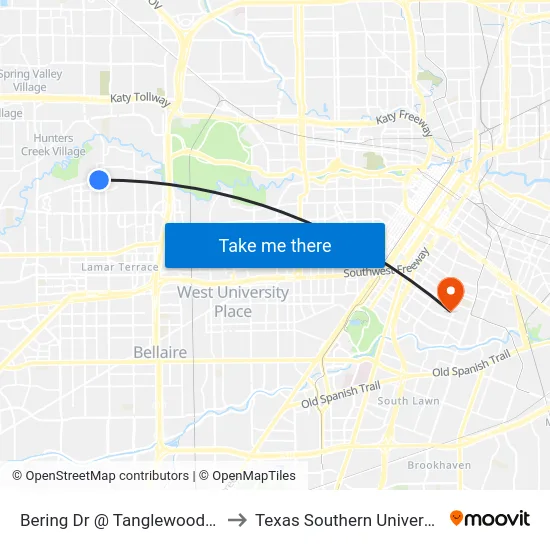 Bering Dr @ Tanglewood Cv to Texas Southern University map