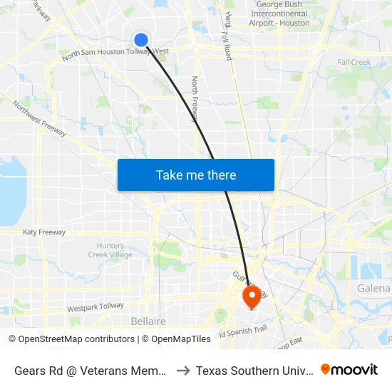 Gears Rd @ Veterans Memorial Dr to Texas Southern University map