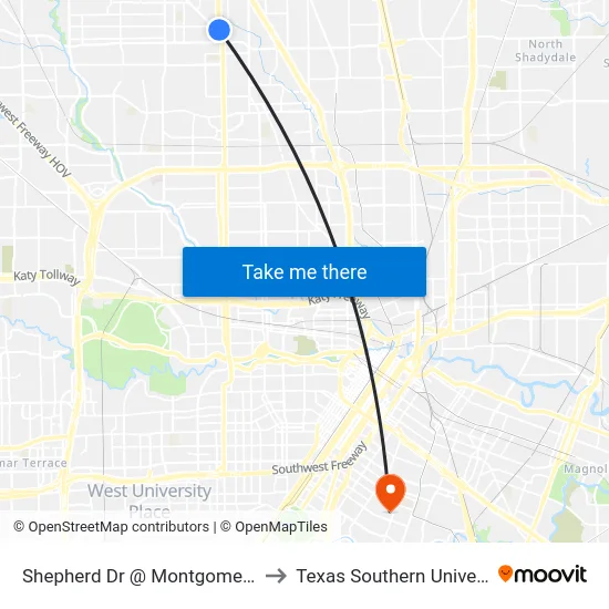 Shepherd Dr @ Montgomery Rd to Texas Southern University map