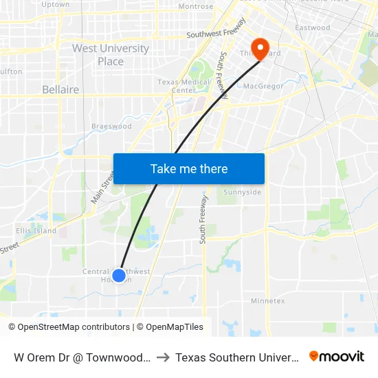 W Orem Dr @ Townwood Dr to Texas Southern University map