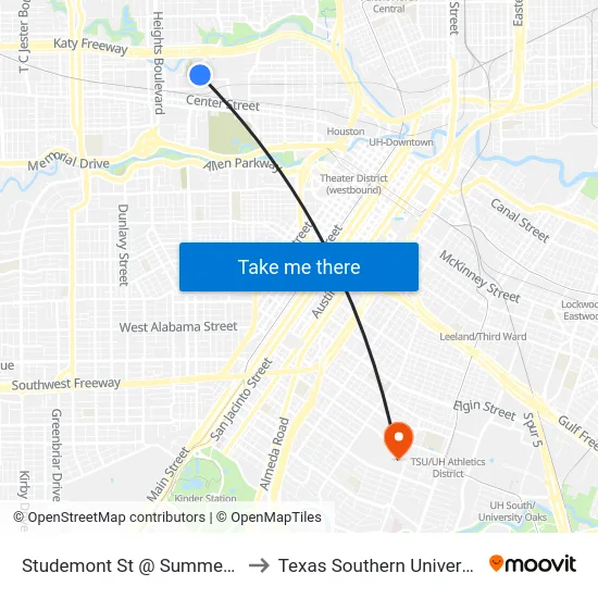 Studemont St @ Summer St to Texas Southern University map