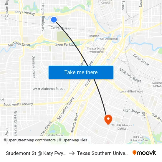 Studemont St @ Katy Fwy MB to Texas Southern University map