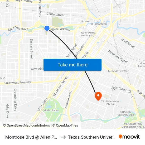 Montrose Blvd @ Allen Pkwy to Texas Southern University map