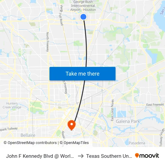 John F Kennedy Blvd @ World Houston to Texas Southern University map