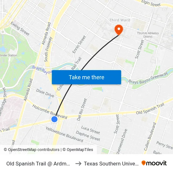 Old Spanish Trail @ Ardmore St to Texas Southern University map