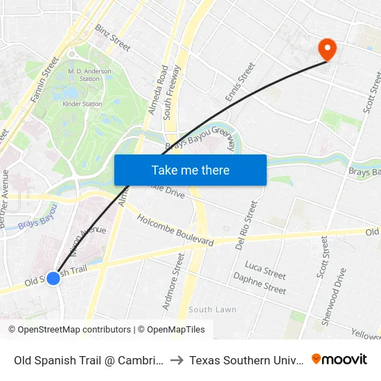 Old Spanish Trail @ Cambridge St to Texas Southern University map