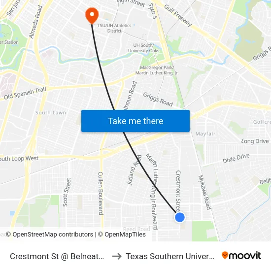 Crestmont St @ Belneath St to Texas Southern University map