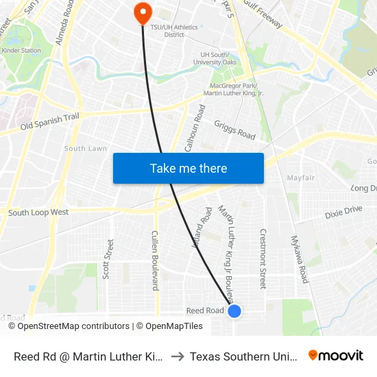 Reed Rd @ Martin Luther King Blvd to Texas Southern University map