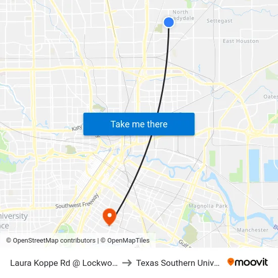 Laura Koppe Rd @ Lockwood Dr to Texas Southern University map