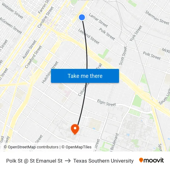 Polk St @ St Emanuel St to Texas Southern University map