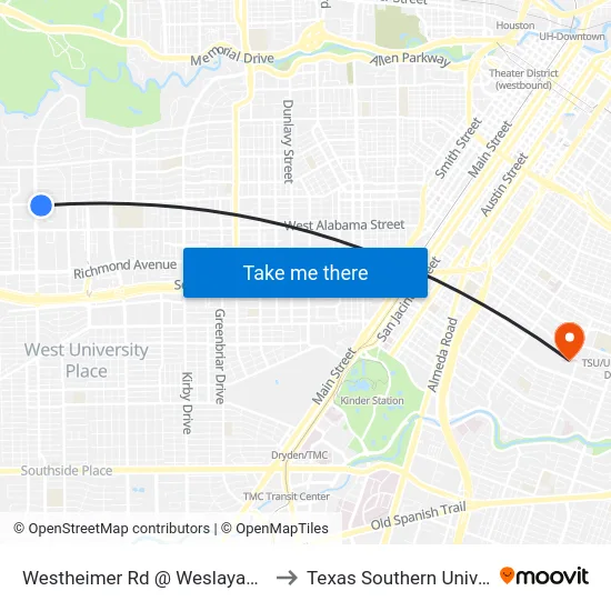 Westheimer Rd @ Weslayan St MB to Texas Southern University map