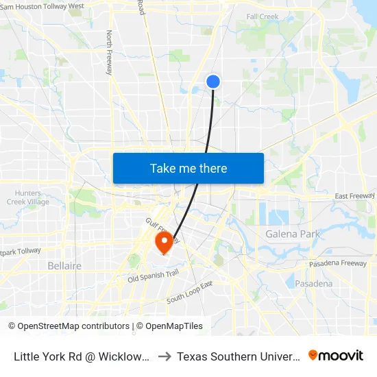 Little York Rd @ Wicklowe St to Texas Southern University map