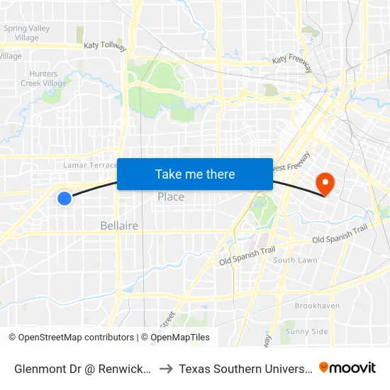 Glenmont Dr @ Renwick Dr to Texas Southern University map
