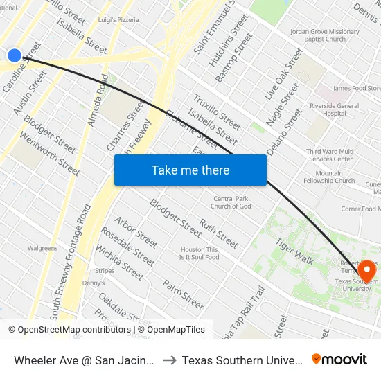 Wheeler Ave @ San Jacinto St to Texas Southern University map