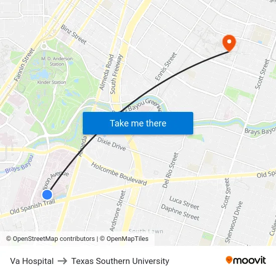 Va Hospital to Texas Southern University map