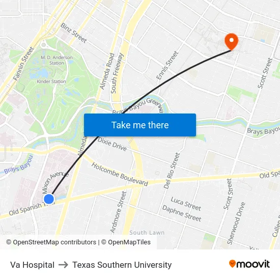 Va Hospital to Texas Southern University map