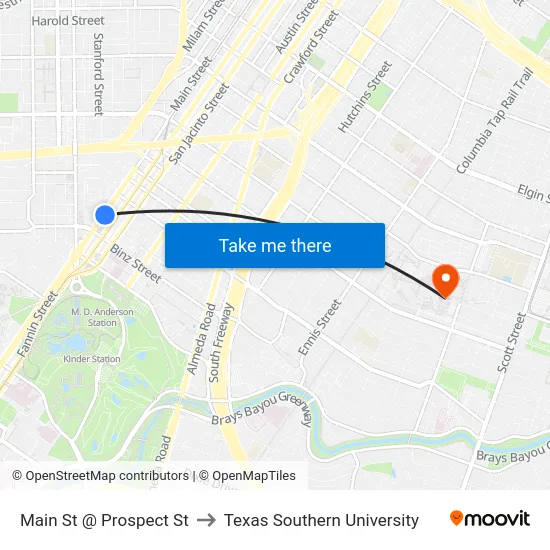 Main St @ Prospect St to Texas Southern University map