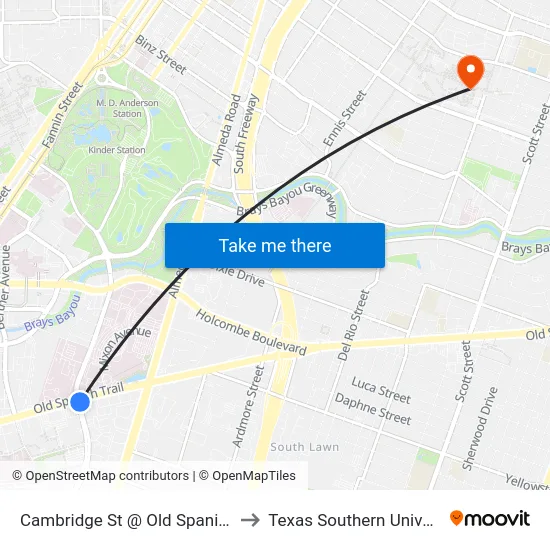 Cambridge St @ Old Spanish Trl to Texas Southern University map