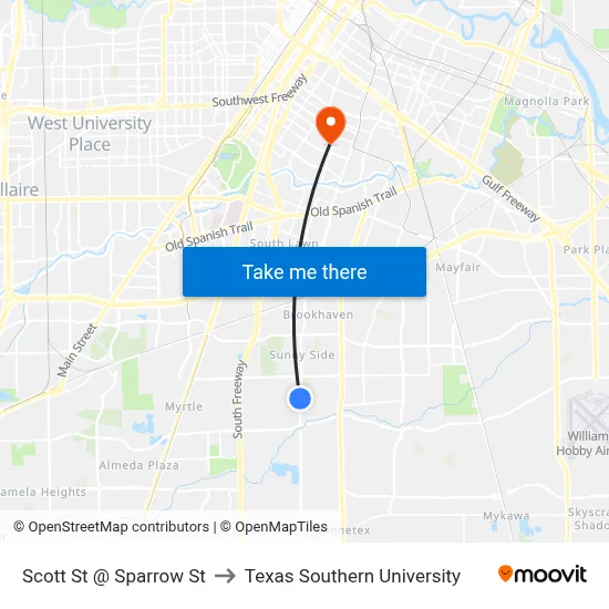 Scott St @ Sparrow St to Texas Southern University map