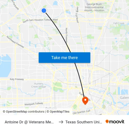 Antoine Dr @ Veterans Memorial Dr to Texas Southern University map