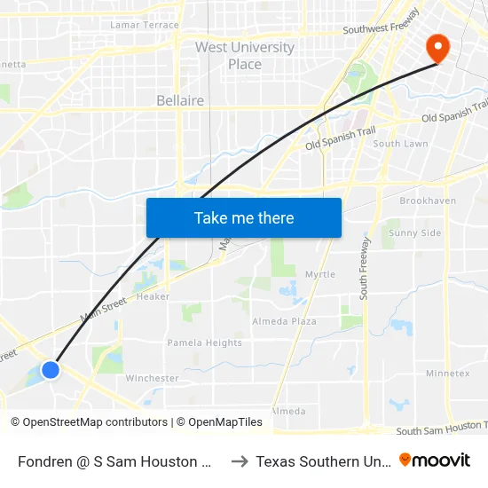 Fondren @ S Sam Houston W Pkwy MB to Texas Southern University map