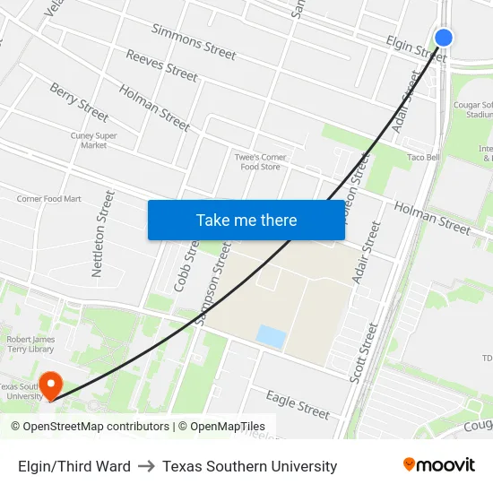 Elgin/Third Ward to Texas Southern University map
