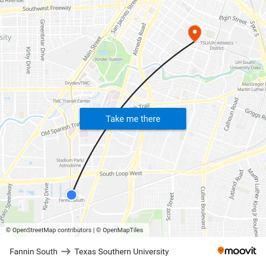 Fannin South to Texas Southern University map