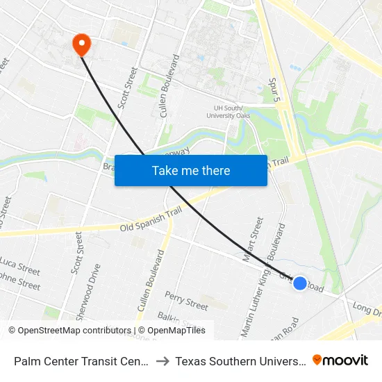 Palm Center Transit Center to Texas Southern University map