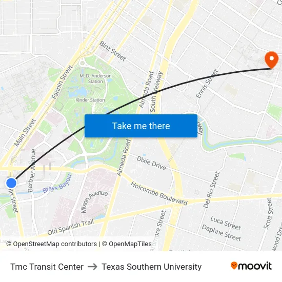 Tmc Transit Center to Texas Southern University map
