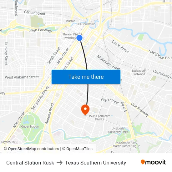 Central Station Rusk to Texas Southern University map