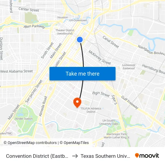 Convention District (Eastbound) to Texas Southern University map