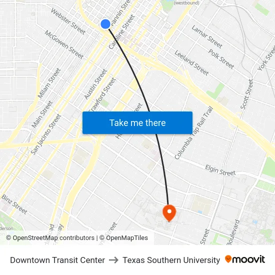 Downtown Transit Center to Texas Southern University map