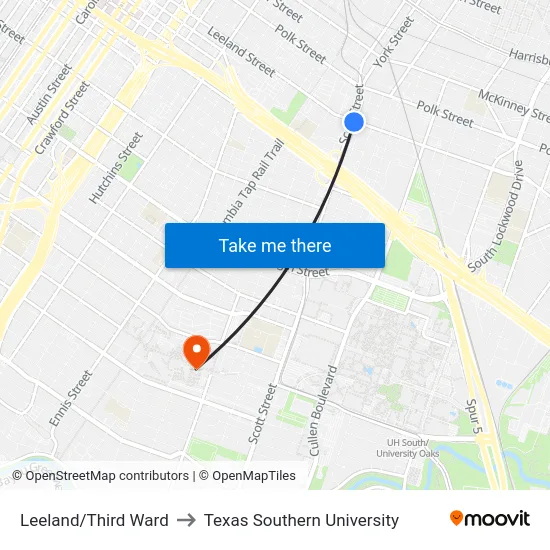 Leeland/Third Ward to Texas Southern University map