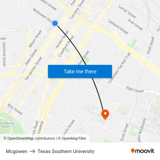Mcgowen to Texas Southern University map