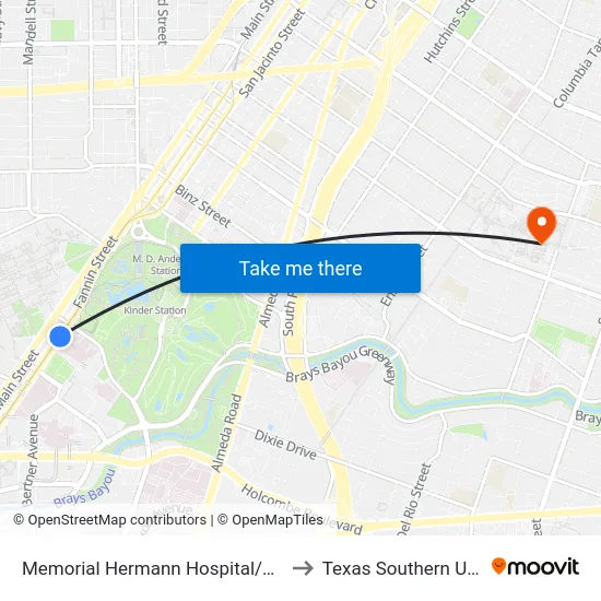 Memorial Hermann Hospital/Houston Zoo to Texas Southern University map