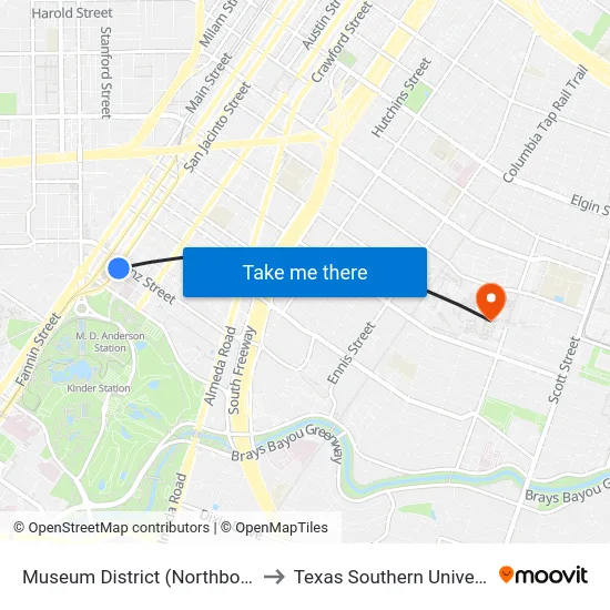 Museum District (Northbound) to Texas Southern University map