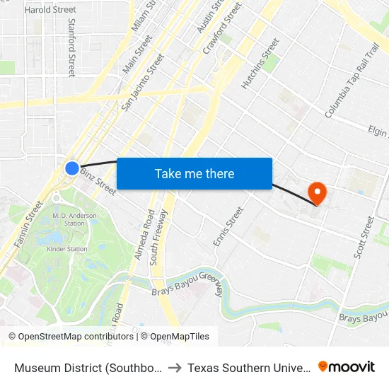 Museum District (Southbound) to Texas Southern University map