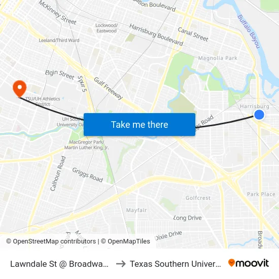 Lawndale St @ Broadway St to Texas Southern University map
