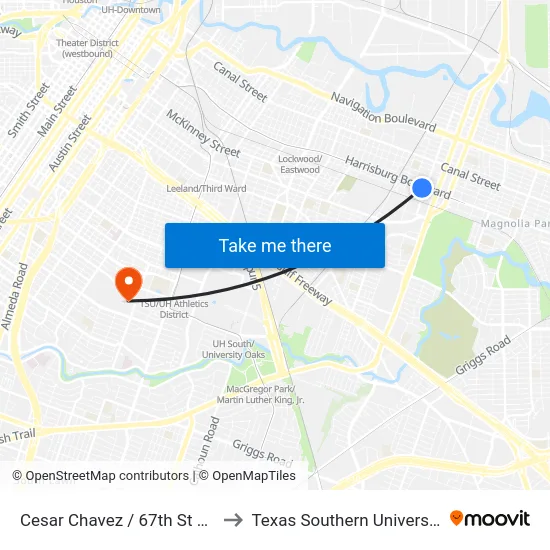 Cesar Chavez / 67th St Wb to Texas Southern University map
