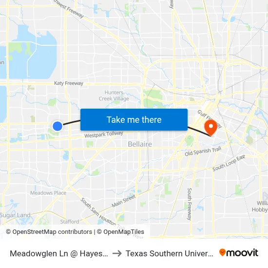 Meadowglen Ln @ Hayes Rd to Texas Southern University map