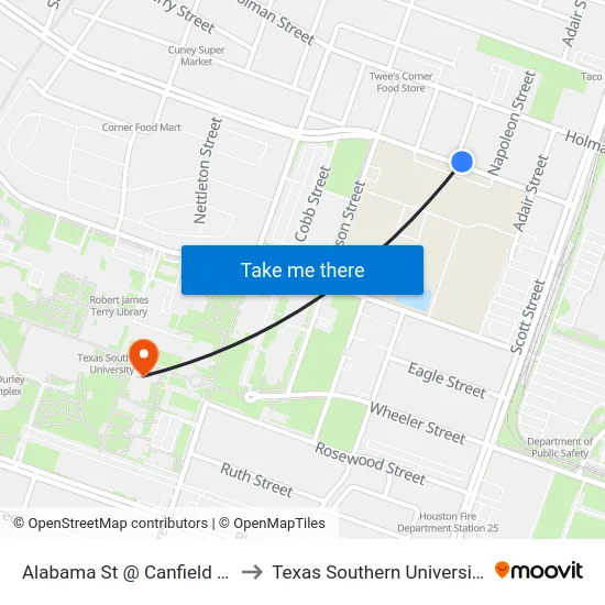 Alabama St @ Canfield St to Texas Southern University map