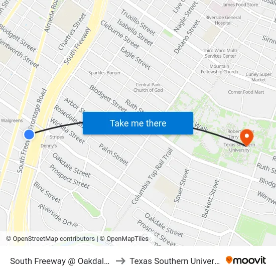 South Freeway @ Oakdale St to Texas Southern University map