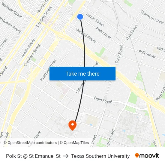 Polk St @ St Emanuel St to Texas Southern University map