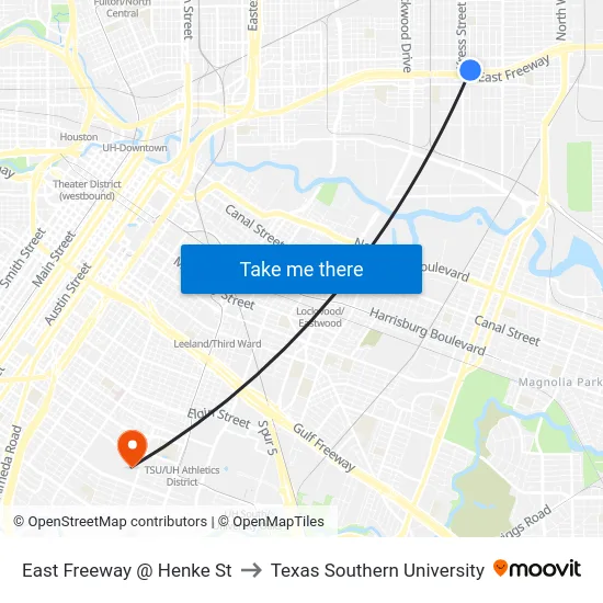 East Freeway @ Henke St to Texas Southern University map
