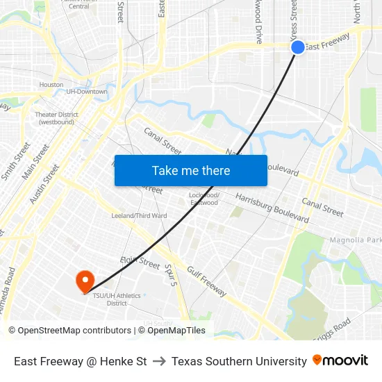East Freeway @ Henke St to Texas Southern University map