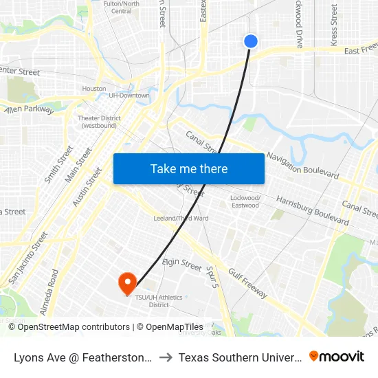 Lyons Ave @ Featherstone St to Texas Southern University map