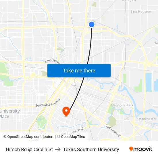 Hirsch Rd @ Caplin St to Texas Southern University map